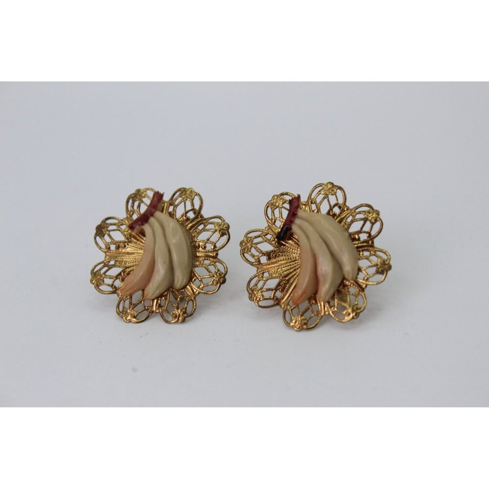 Vintage 1930s Celluloid Banana Screw-Back Earrings with Gold-Tone Filigree